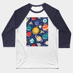 Paper space adventure I // pattern // navy blue background multicoloured solar system paper cut planets origami paper spaceships and rockets Baseball T-Shirt